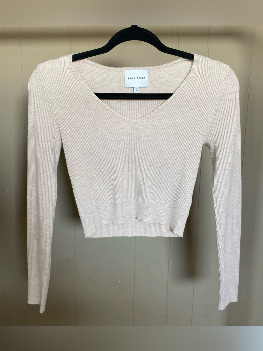 Pink Rose Soft Cream pink beige Ribbed V-Neck Long Sleeve Top